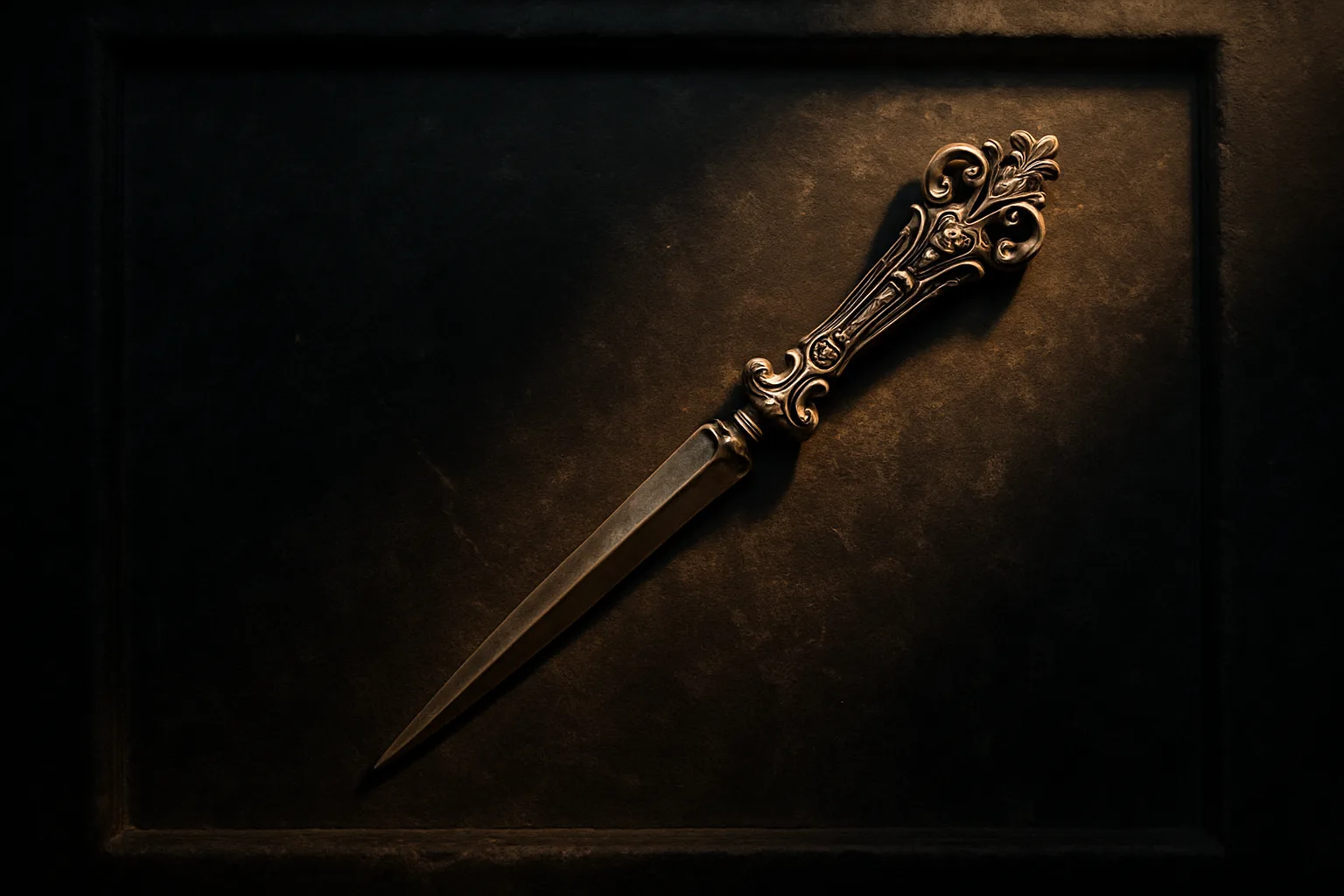 Ornate Letter Opener Lies Sharply Focused on a Shadowy Altar
