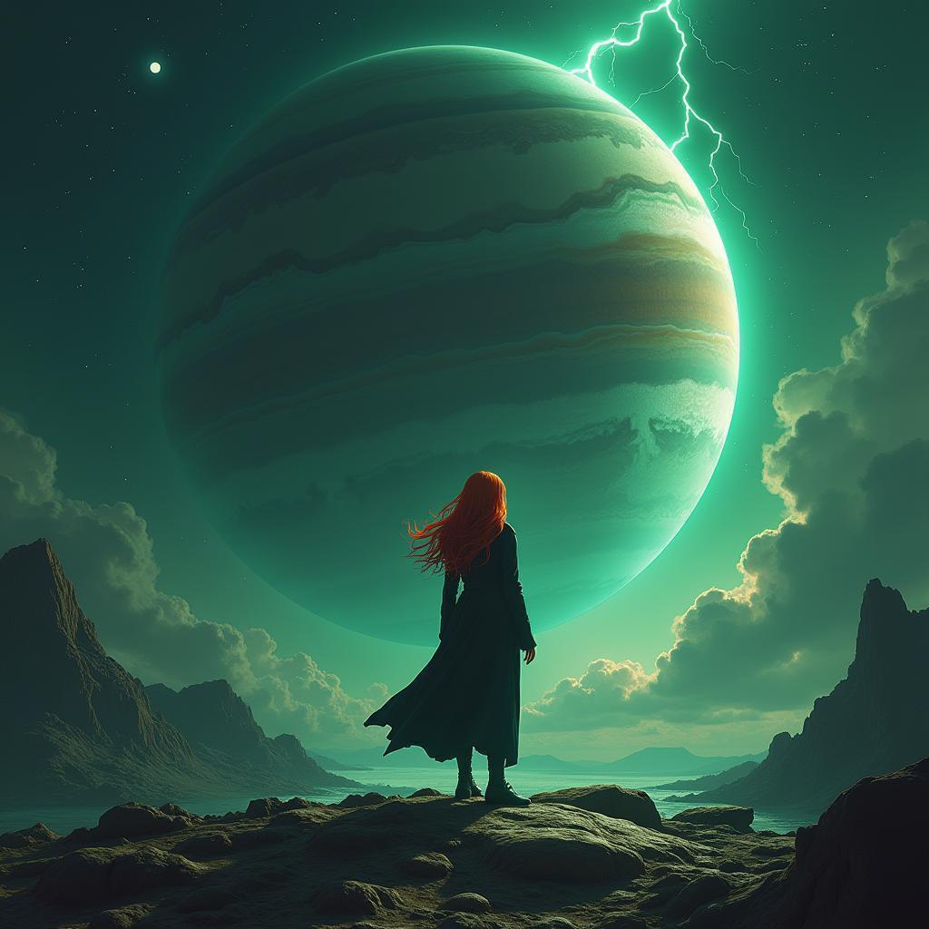 Red Haired Wizard on Titan Facing Jupiter Lightning