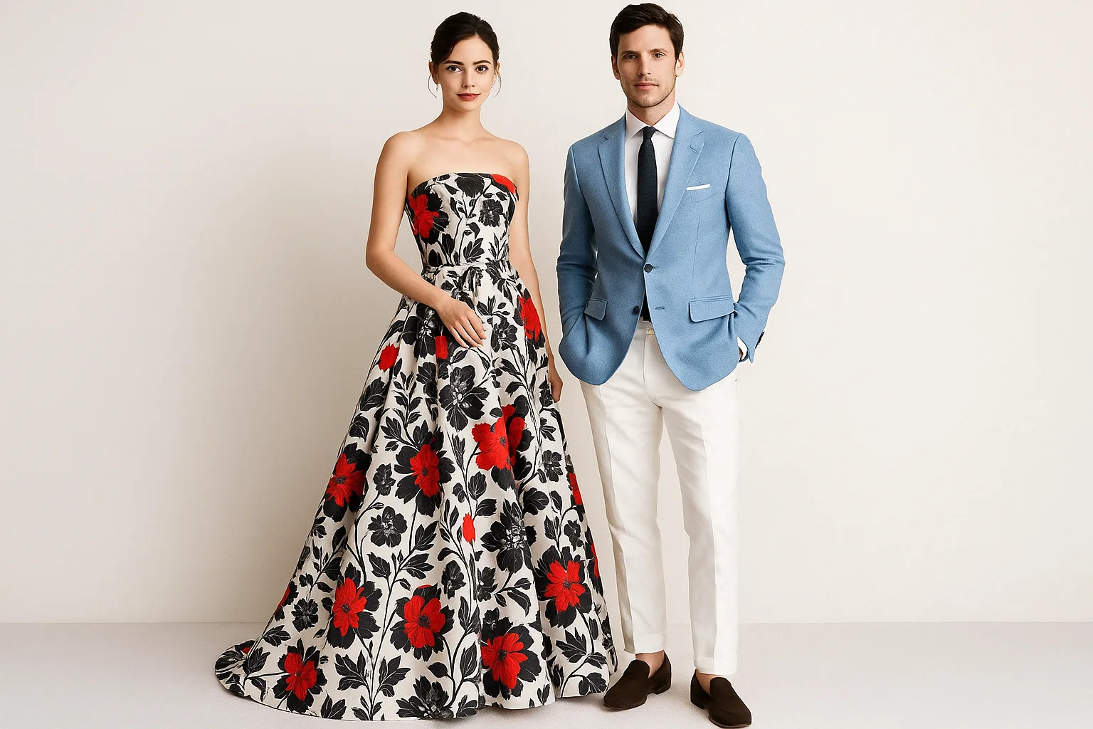 Woman in a Floral Black-and-white Gown with Red Accents