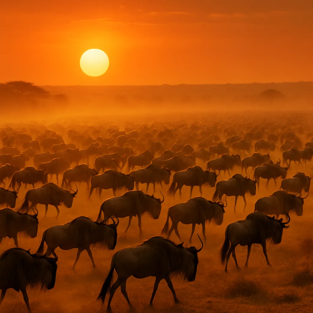 Massive Herd of Wildebeest Stretches Across a Dusty African Savanna