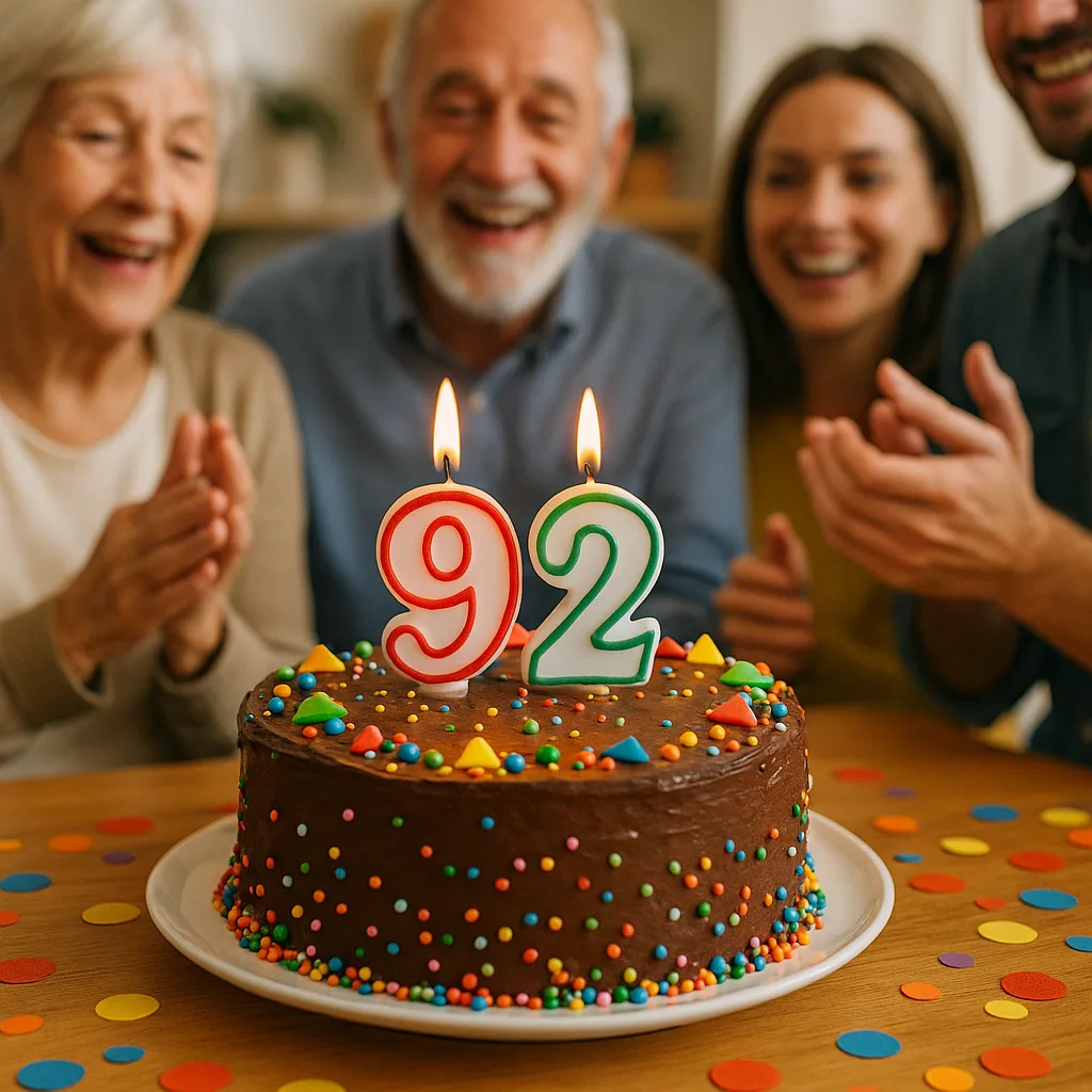 Chocolate Birthday Cake with "92" Candles and Colorful Decorations