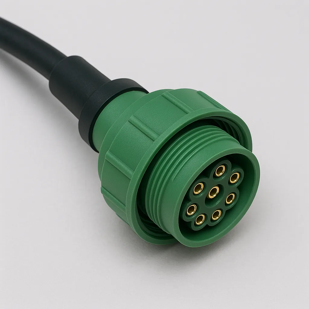 Green Circular Multi-pin Electrical Connector with a Black Cable End
