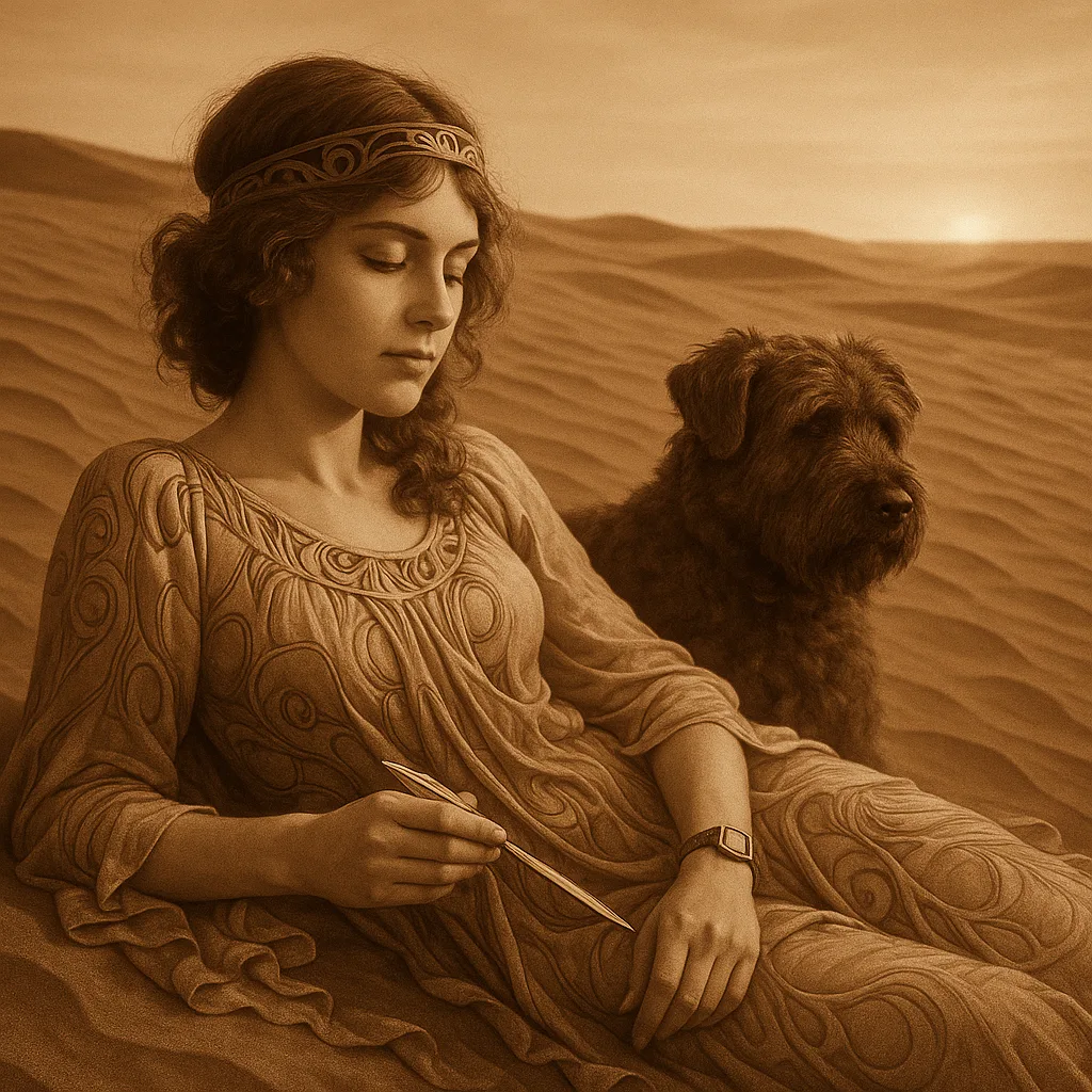 Innocent Bohemian in Flowing Art Nouveau Garments Reclines on Vast
