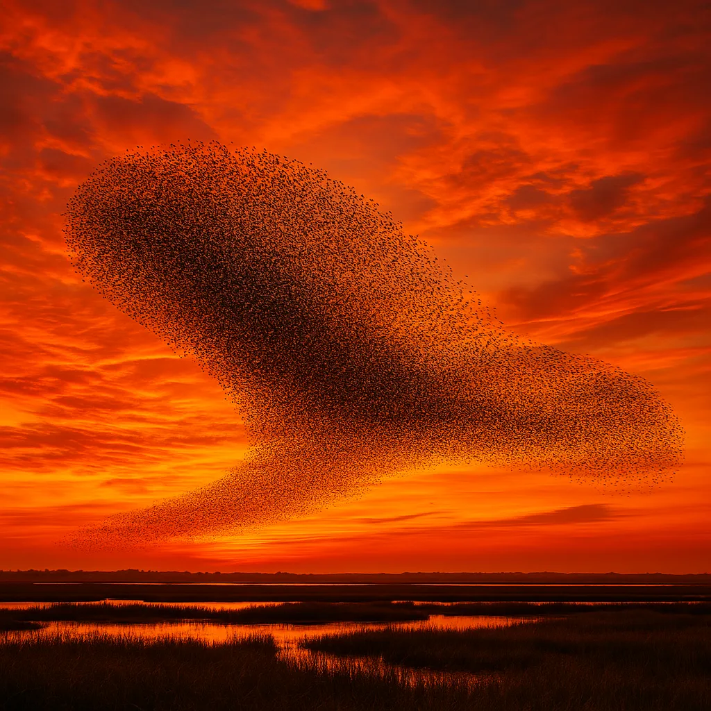 Immense Murmuration of Starlings Forms