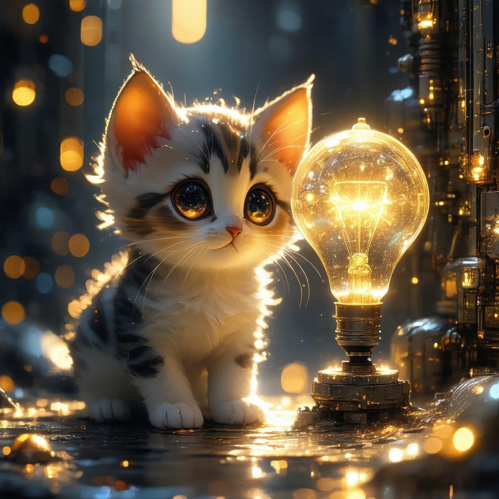 Futuristic Anime Kitten Discovering a Glowing Lightbulb