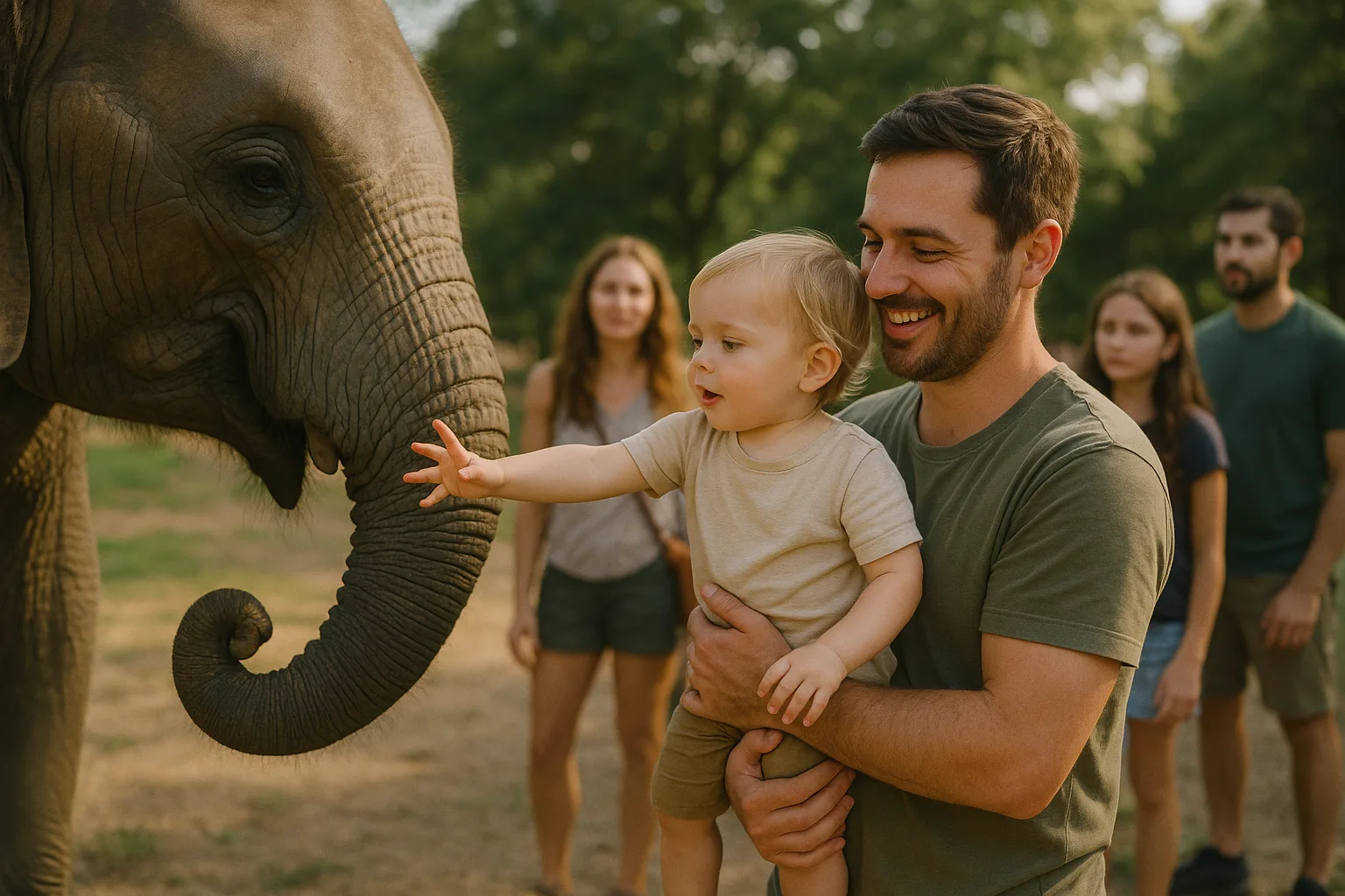 Man Holds a Child Who Is Reaching Out to Touch
