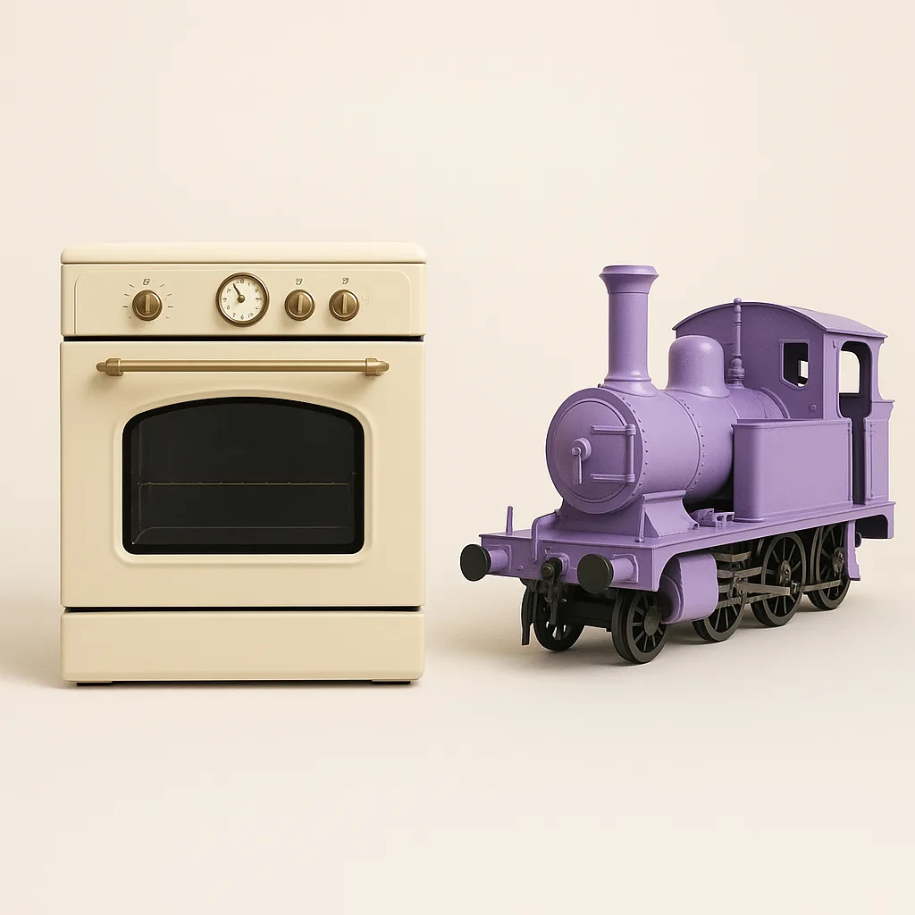 Lavender Train Engine Alongside an Oven in Beige