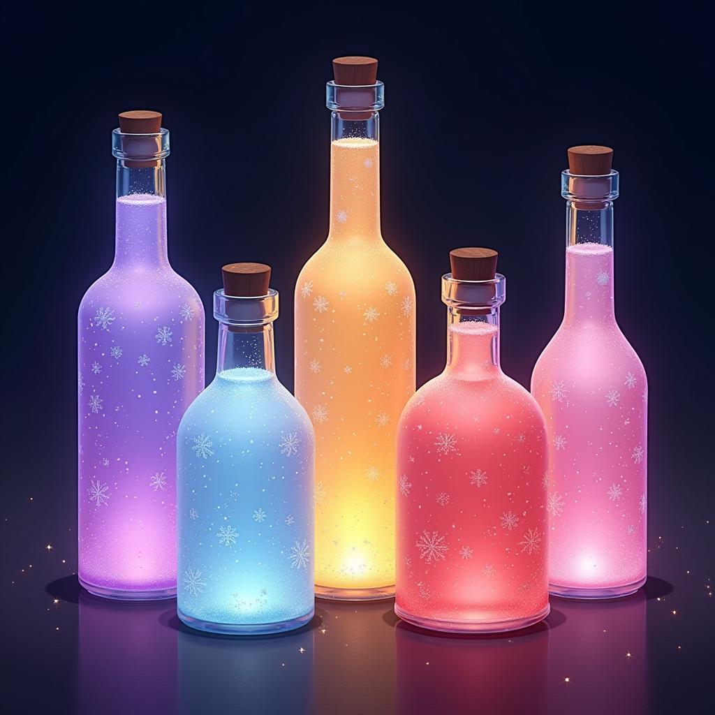 Five Frosted Bottles Aglow in Anime Color