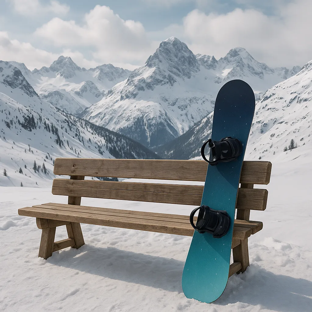 Snowboard Propped Up Against a Wooden Bench