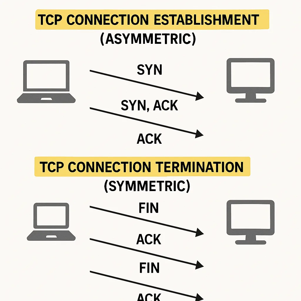 Slide Explaining TCP Connection Establishment (asymmetric) and Termination (symmetric)