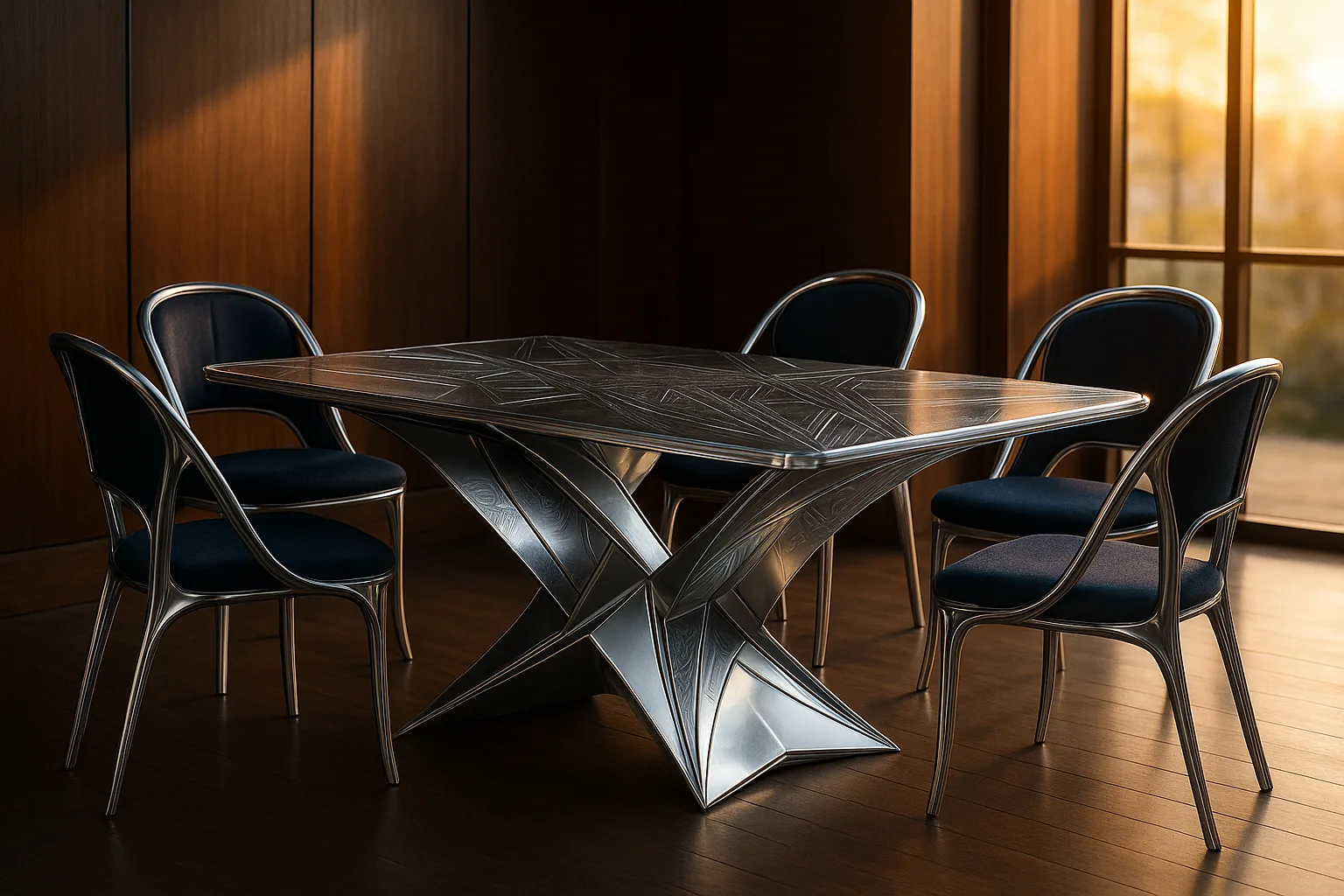 Futuristic Dining Table Crafted from Polished Aluminum