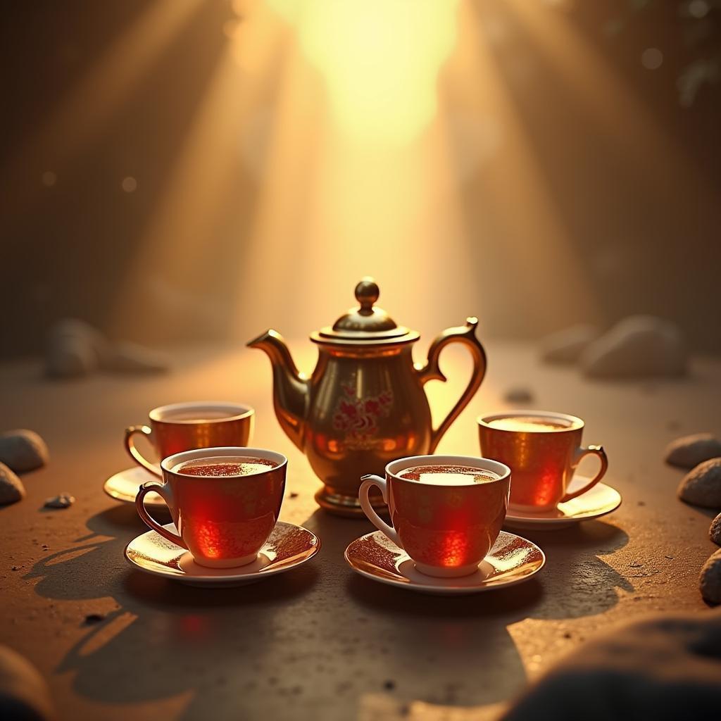 Four Teacups Circling a Kettle in Golden Light