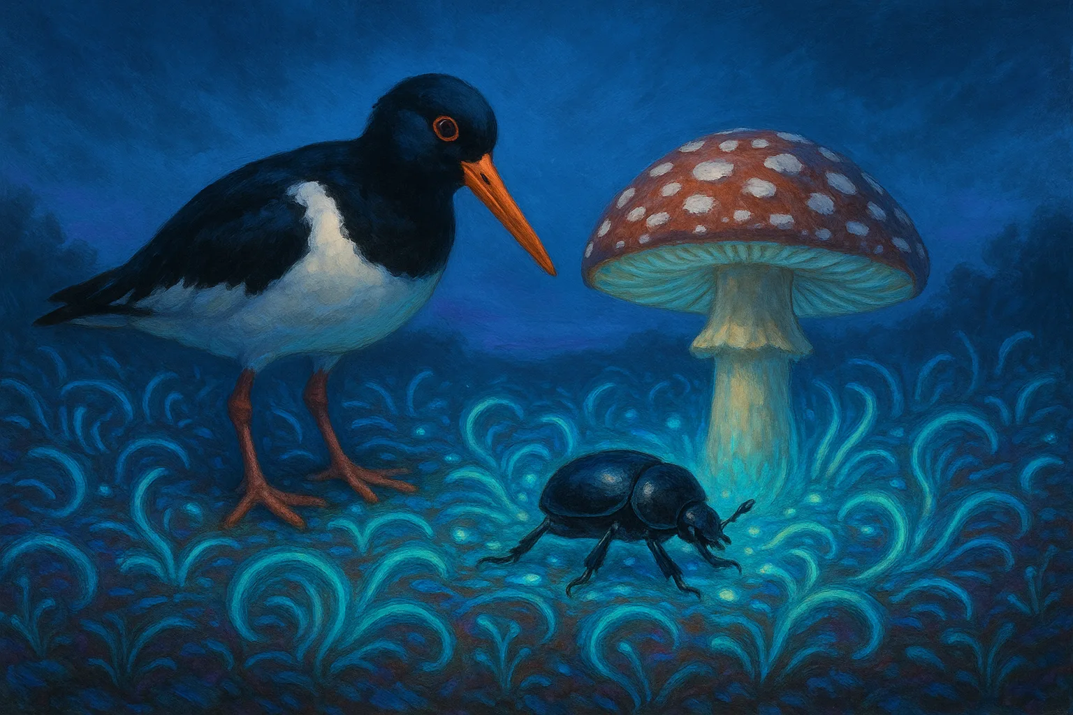 Oystercatcher Watches a Dung Beetle Approach an Agaric