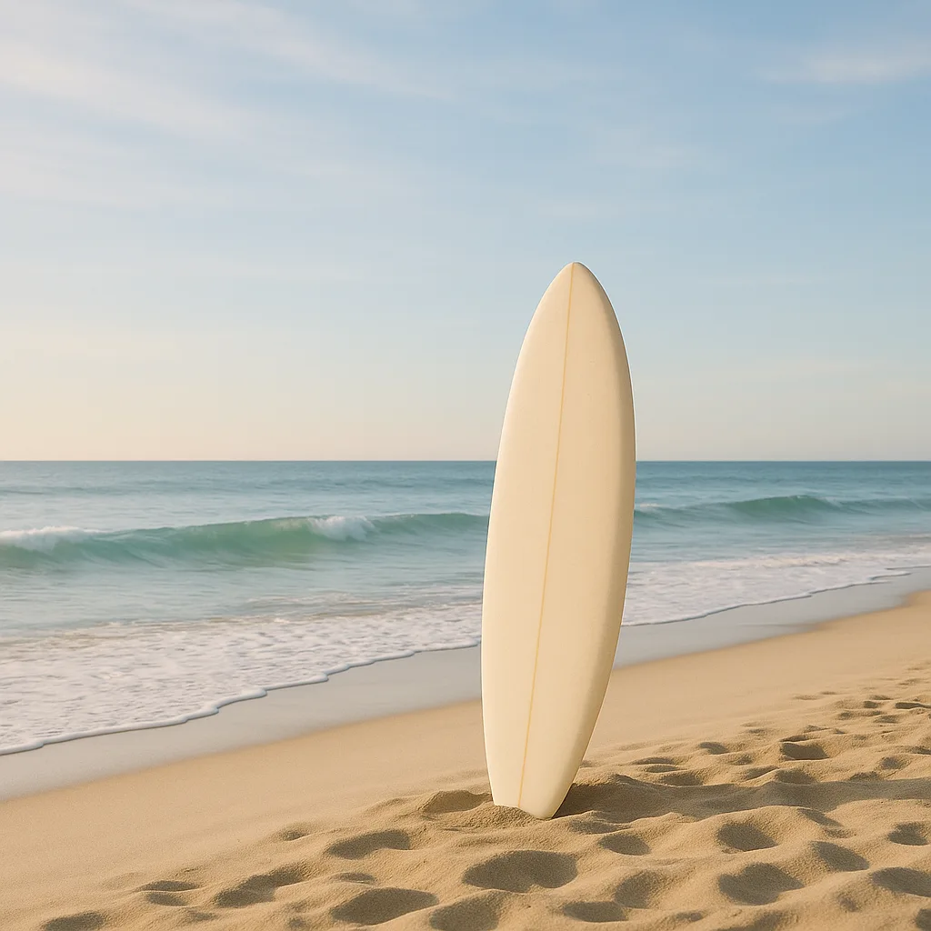 Paint a Tranquil Picture of a Lone Surfboard Standing Upright