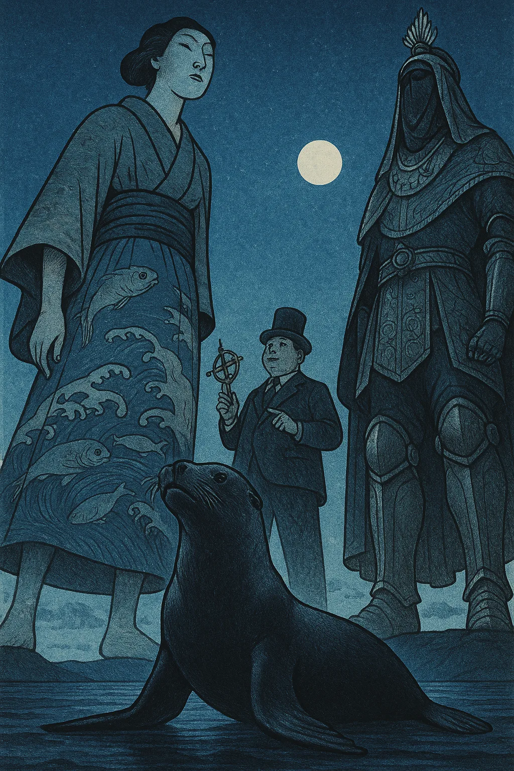 Tall Ukiyo-e Styled Person in a Skirt with Aquatic Motifs