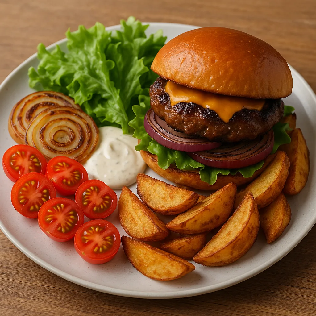 Dish Showcasing a Stacked Burger