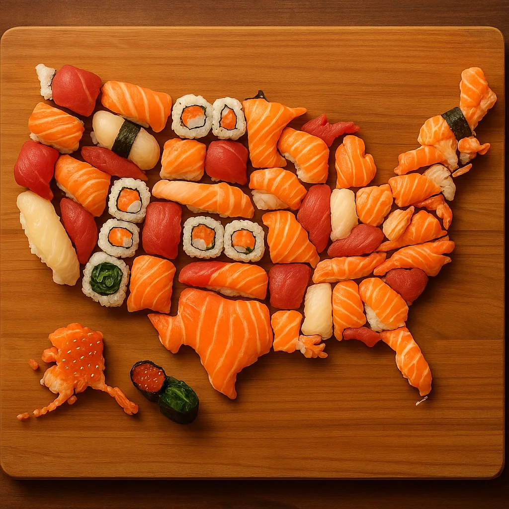Depiction of the United States Shaped with Assorted Sushi Pieces