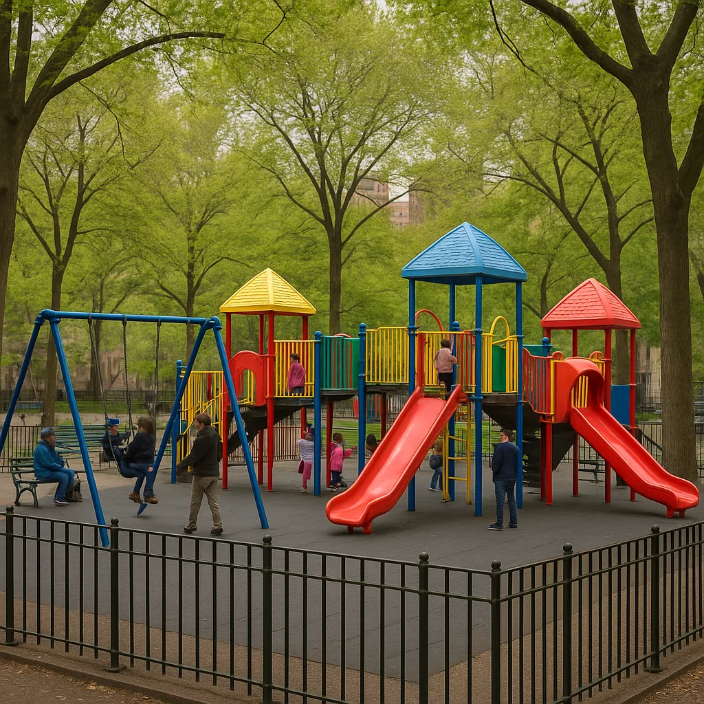 Fenced Playground with People and Colorful Structures