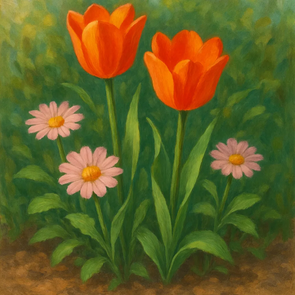 Vibrant Garden Display Features a Pair of Radiant Orange Tulips