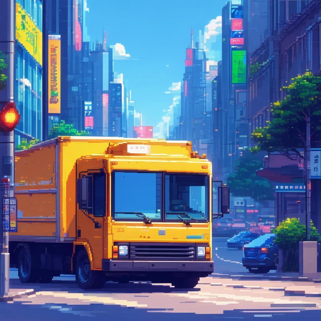 Pixel Delivery Van Cruising a Modern City