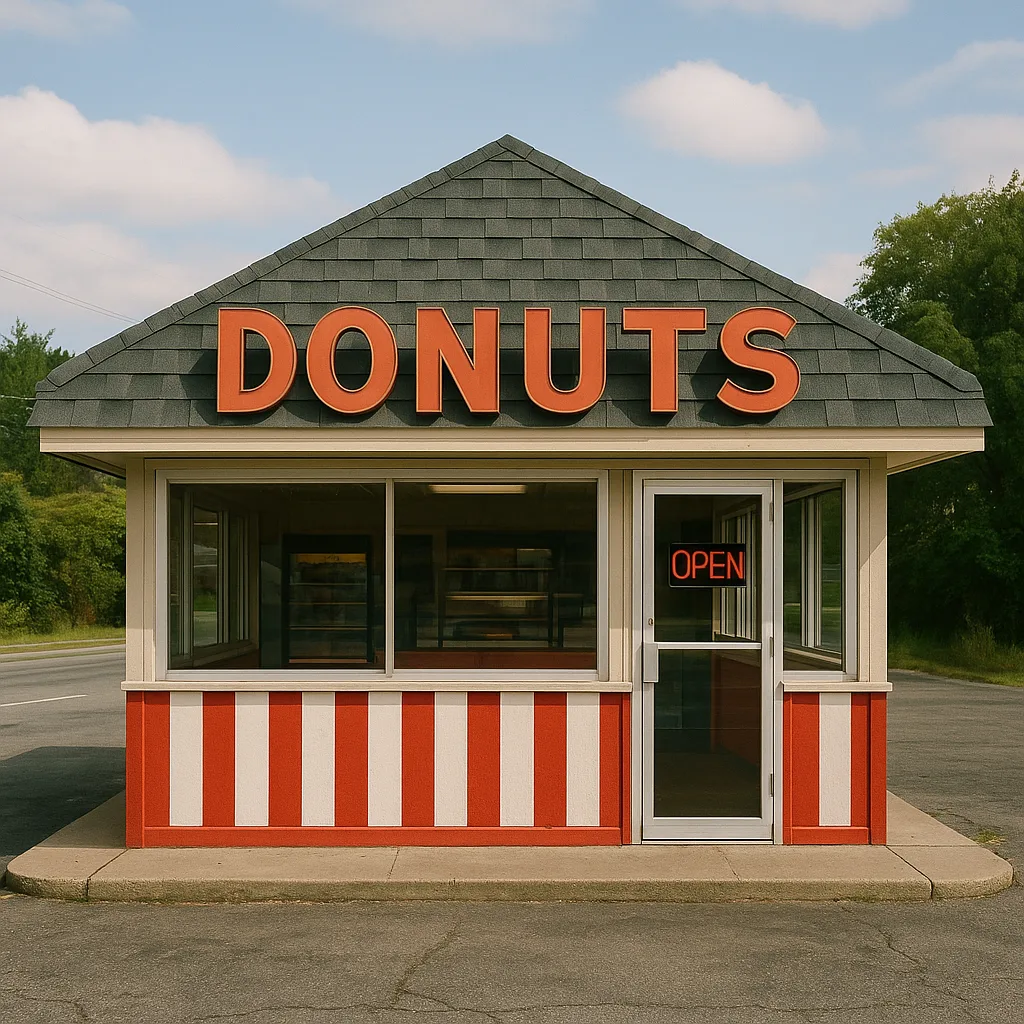 Small Roadside Donut Shop with a Gray Shingled Roof