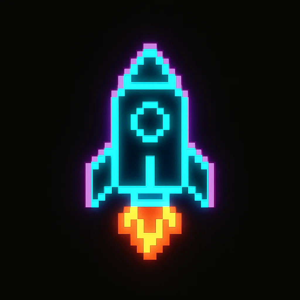 Simplistic 8-bit Pixel-style Logo Featuring a Neon Rocket