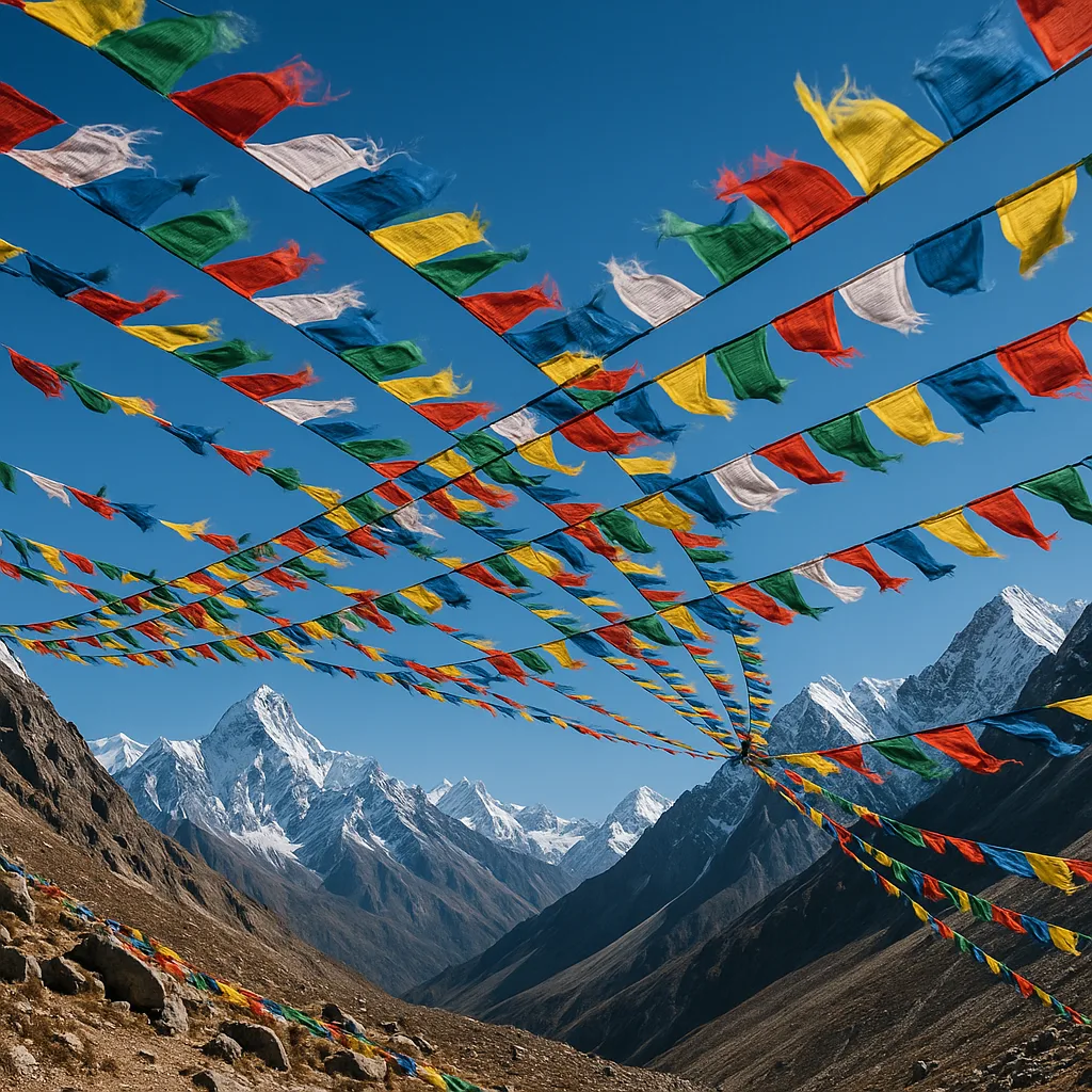Countless Colourful Prayer Flags Flutter Vigorously in the Wind