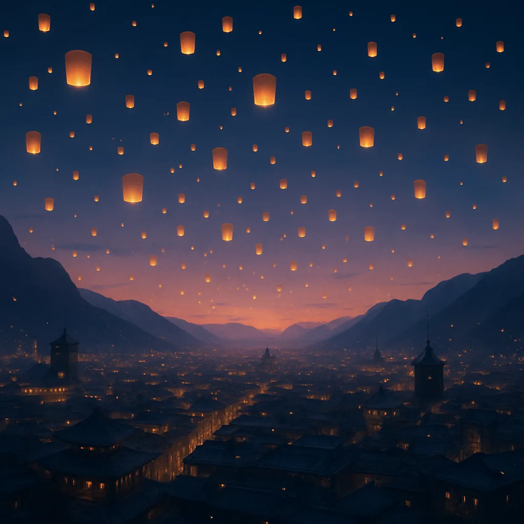 Innumerable Glowing Lanterns Float Upwards into the Twilight Sky