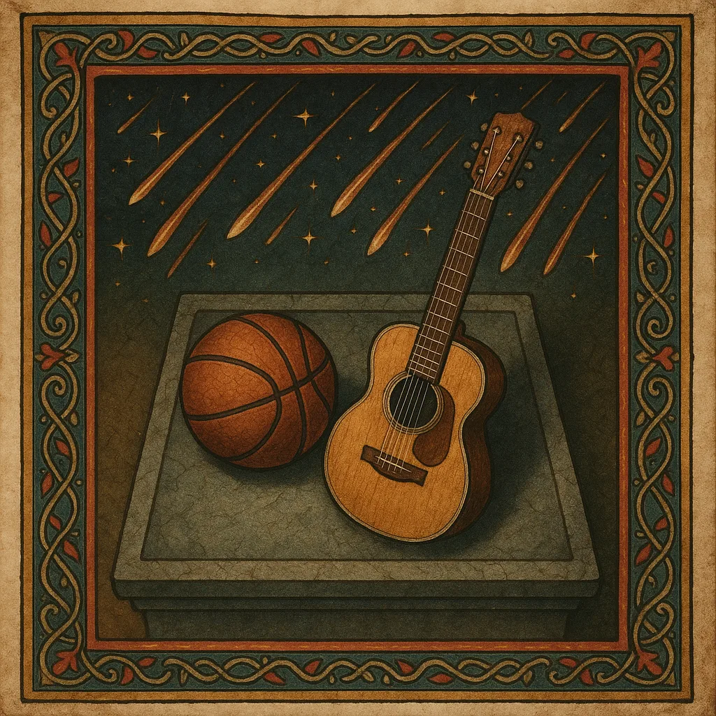 Basketball and Acoustic Guitar on a Pedestal