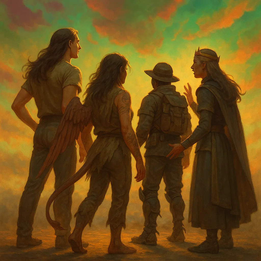 Four Diverse Figures Interact in an Off-center Group