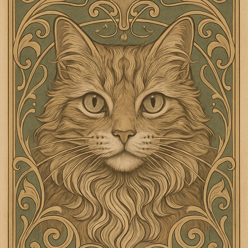 Meticulously Crafted Art Nouveau Lithograph Centered on a Cat's Face