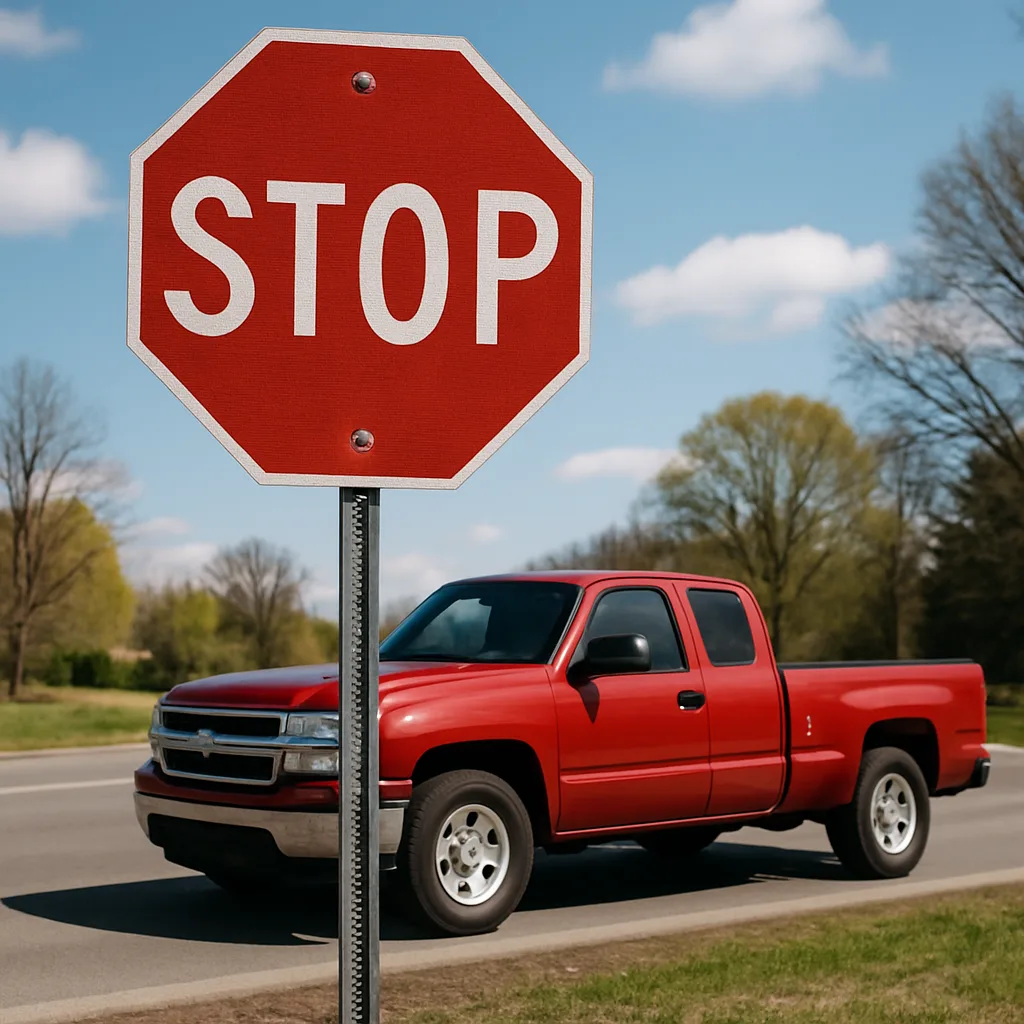 Red Truck Parked under a Stop Sign