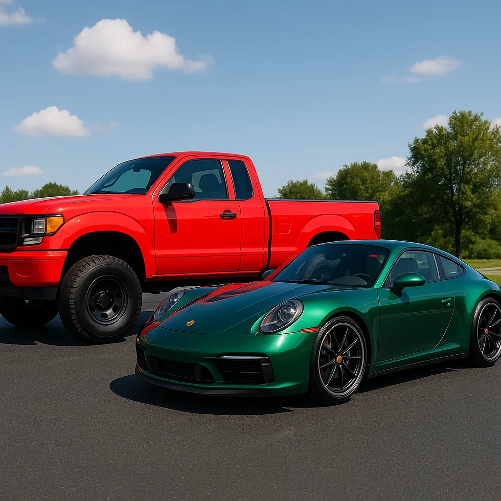Vibrant Red Pickup Truck Stands
