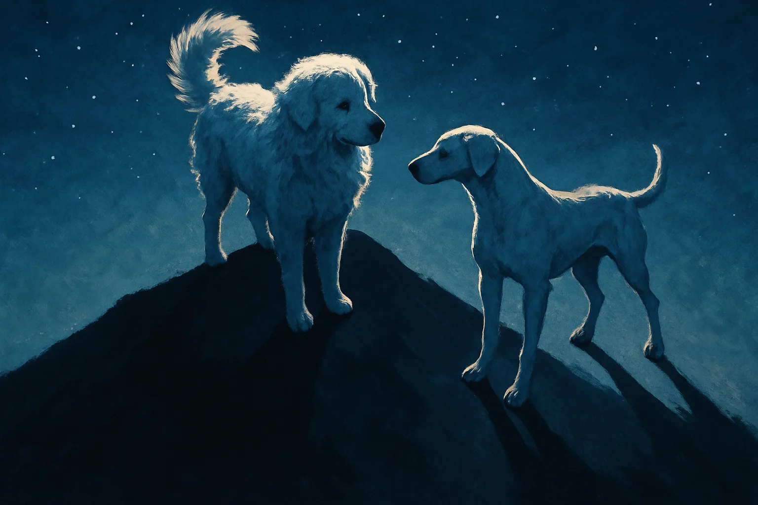 Two Kuvasz Dogs—one of Imposing Stature with a Profuse Mane