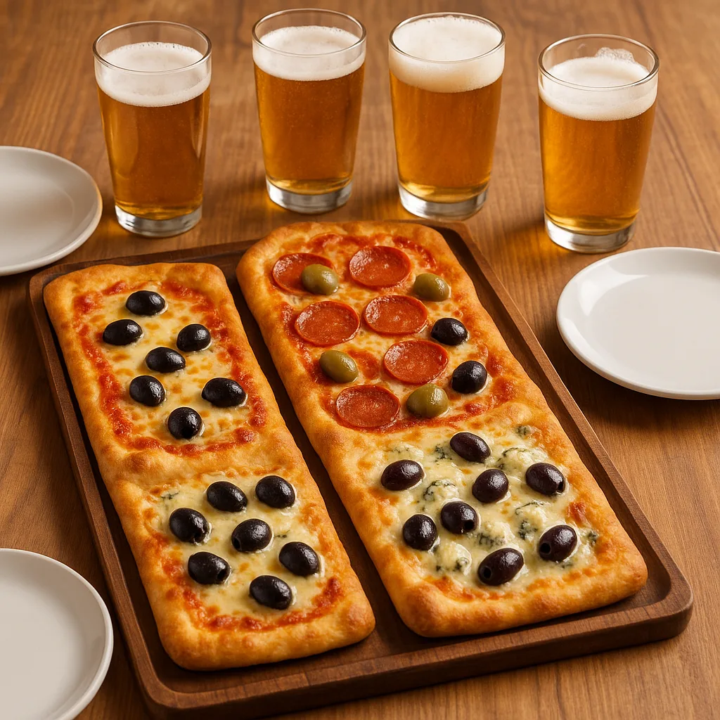 Long Wooden Tray Holding Three Types of Pizzas