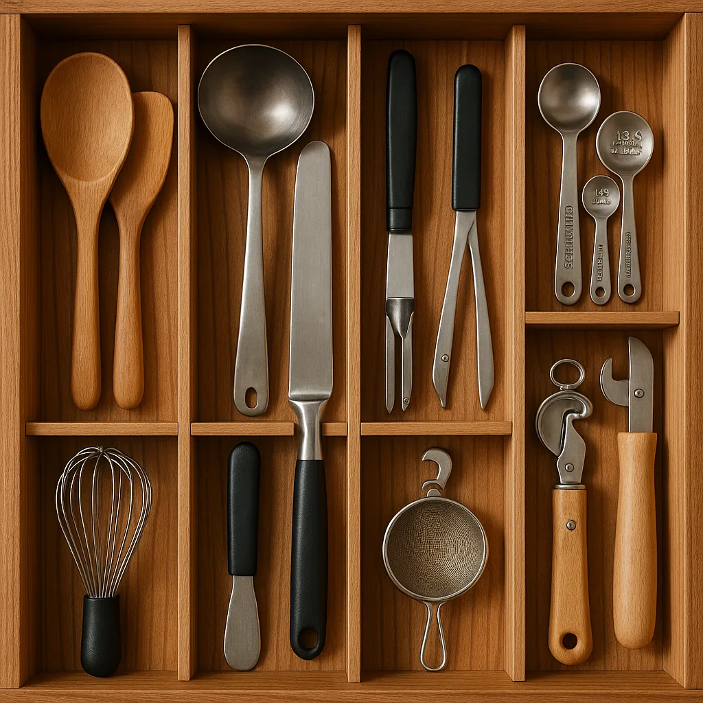 Wooden Kitchen Drawer Organizer Filled with Various Cooking Utensils