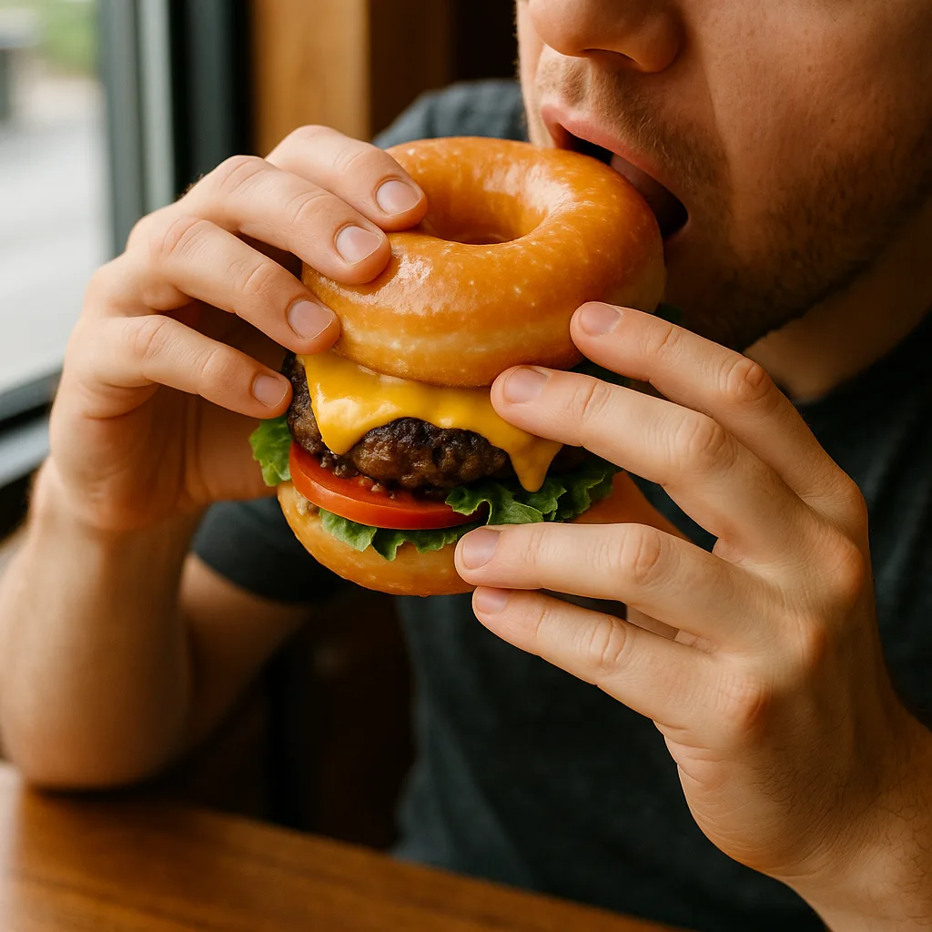 Person Holding and Eating a Burger with Glazed Donuts