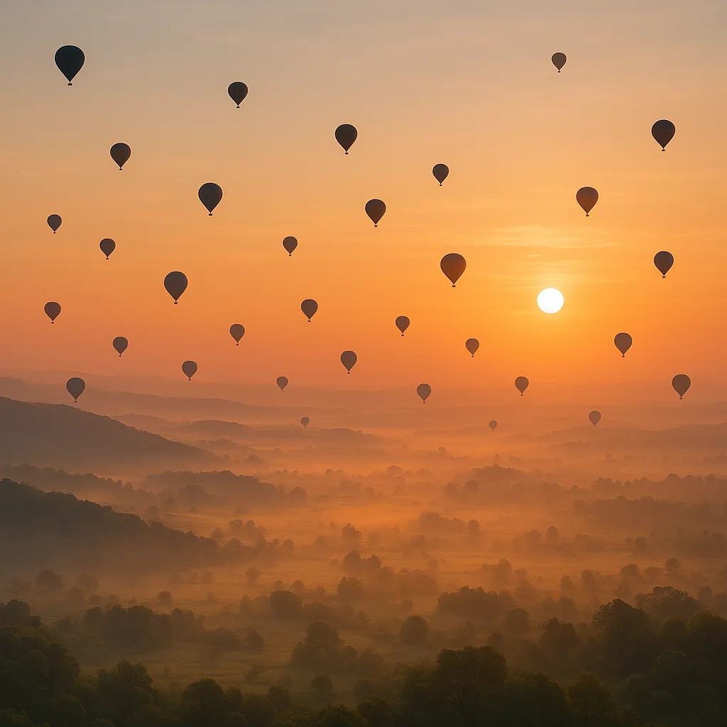 Multitude of Distant Hot Air Balloons Drifts Serenely