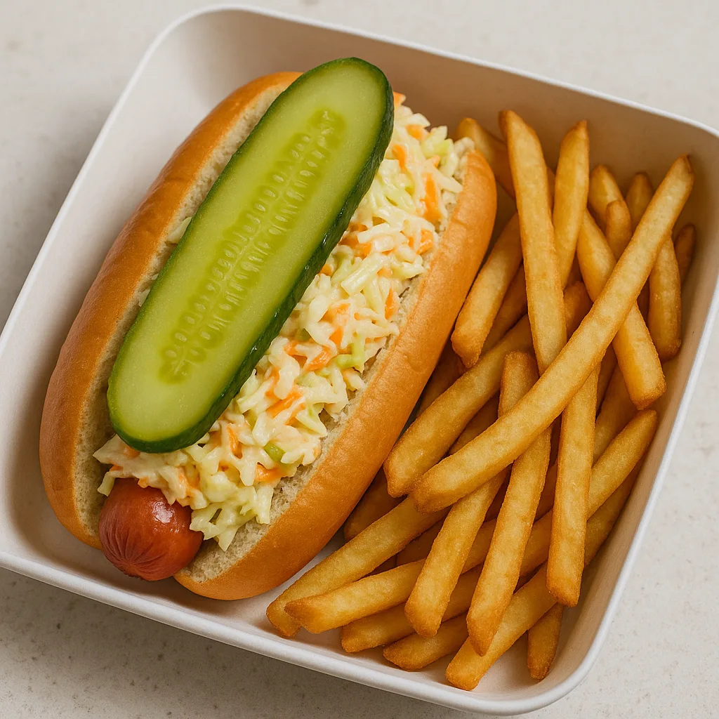 Hot Dog Topped with a Sliced Pickle and Coleslaw