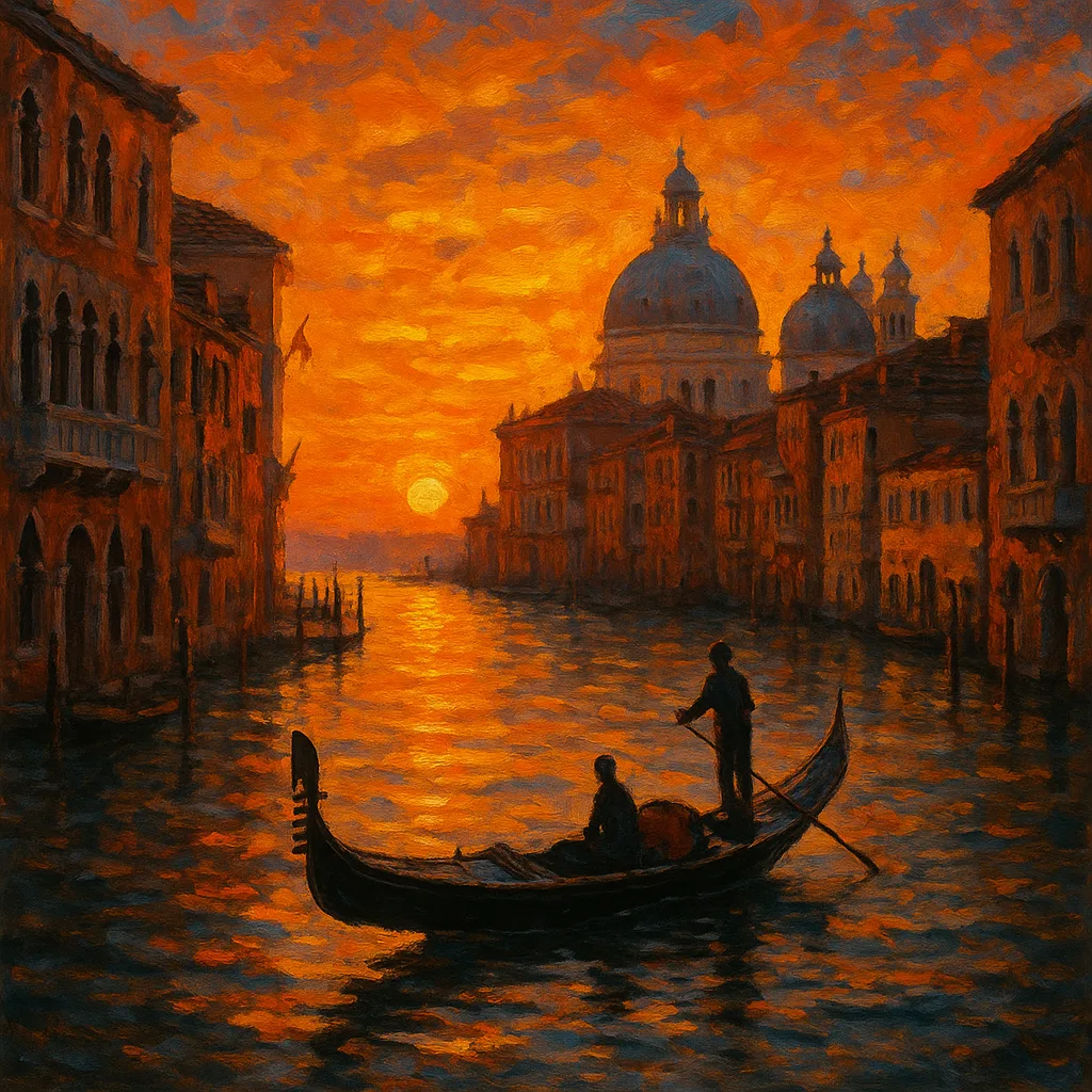 Painting Depicting a Gondola Smoothly Drifting Along a Venetian Canal