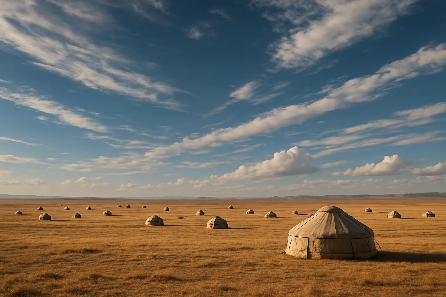 Many Distant Nomadic Tents Are Sparsely Scattered Across a Vast