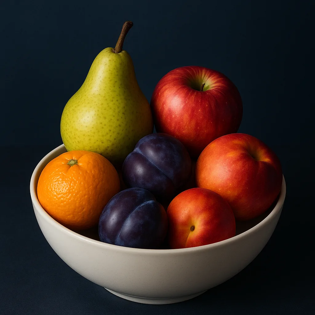 White Bowl Filled with Assorted Fruits Including a Pear