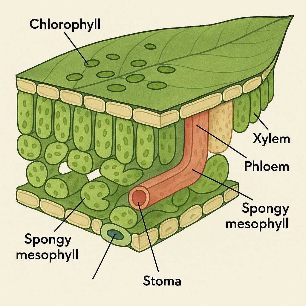 Diagram of a Leaf Cross-section Illustrating its Structure