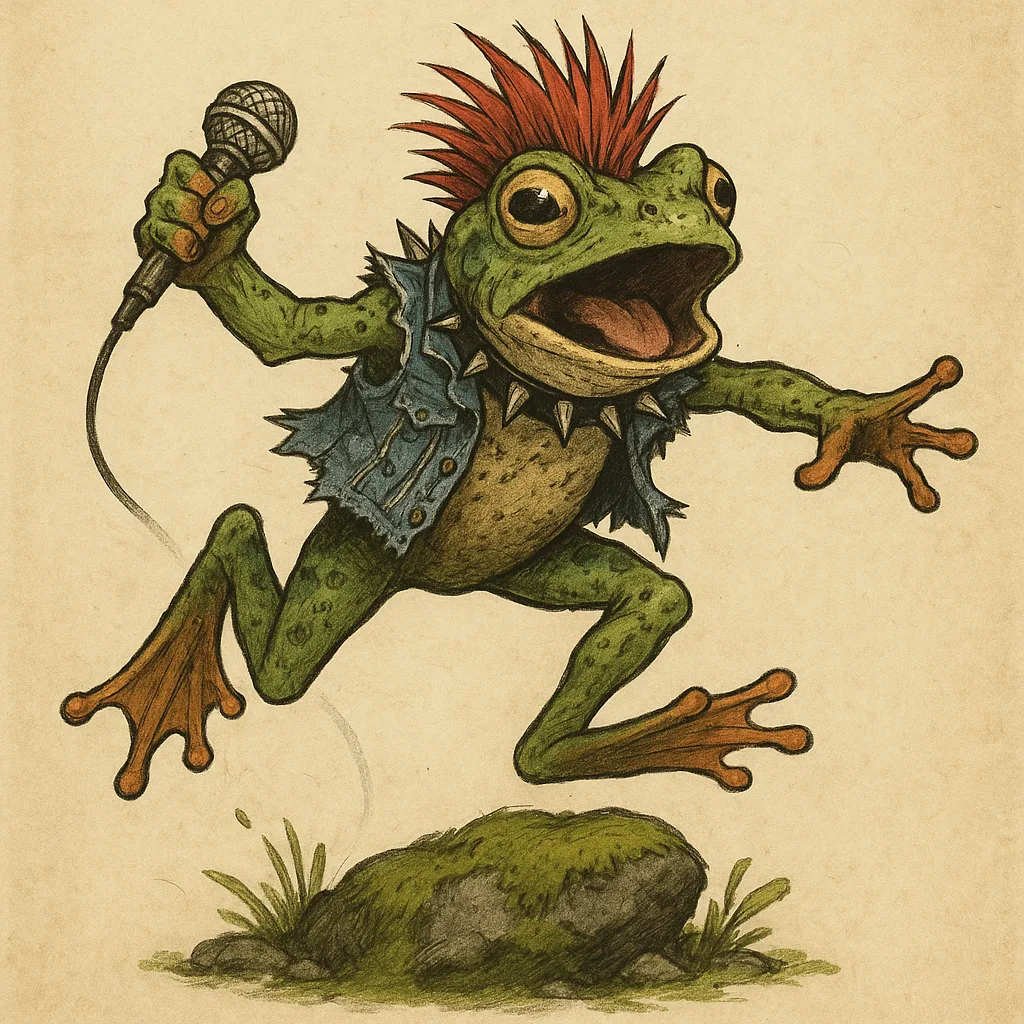 Rebellious Frog Wearing a Frayed Jean Vest