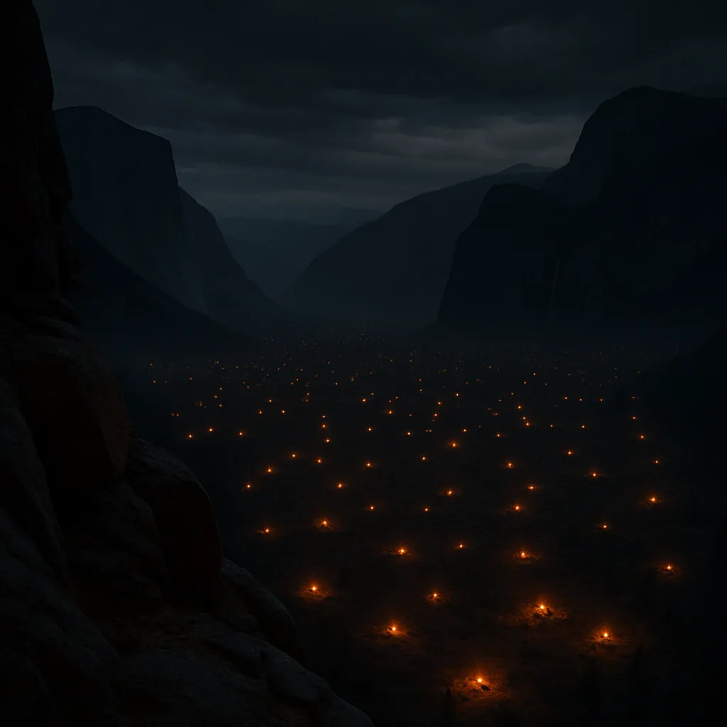 Countless Distant Campfires Flicker Like Scattered Embers Across a Vast