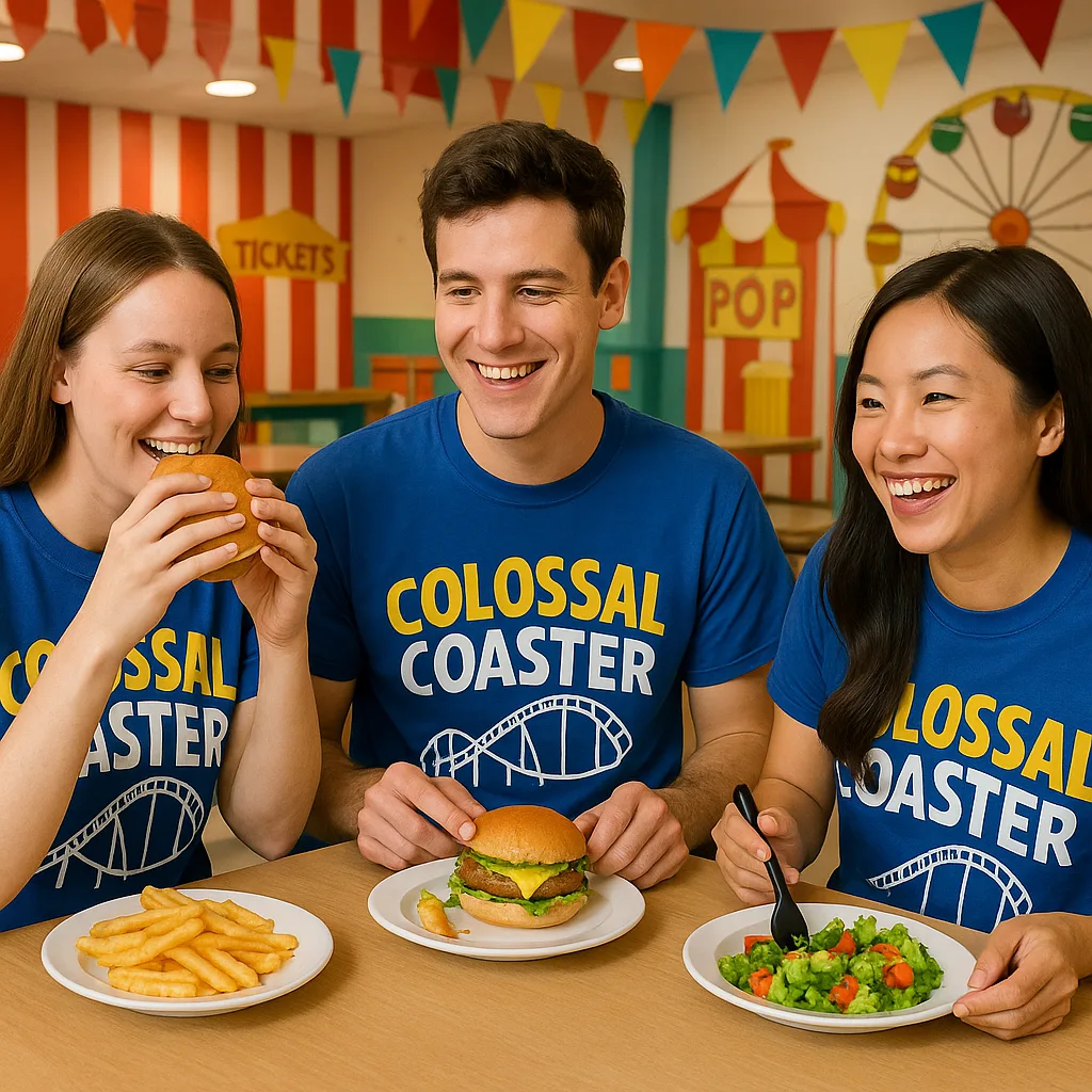 Three People Wearing Matching "Colossal Coaster" Blue Shirts Sit