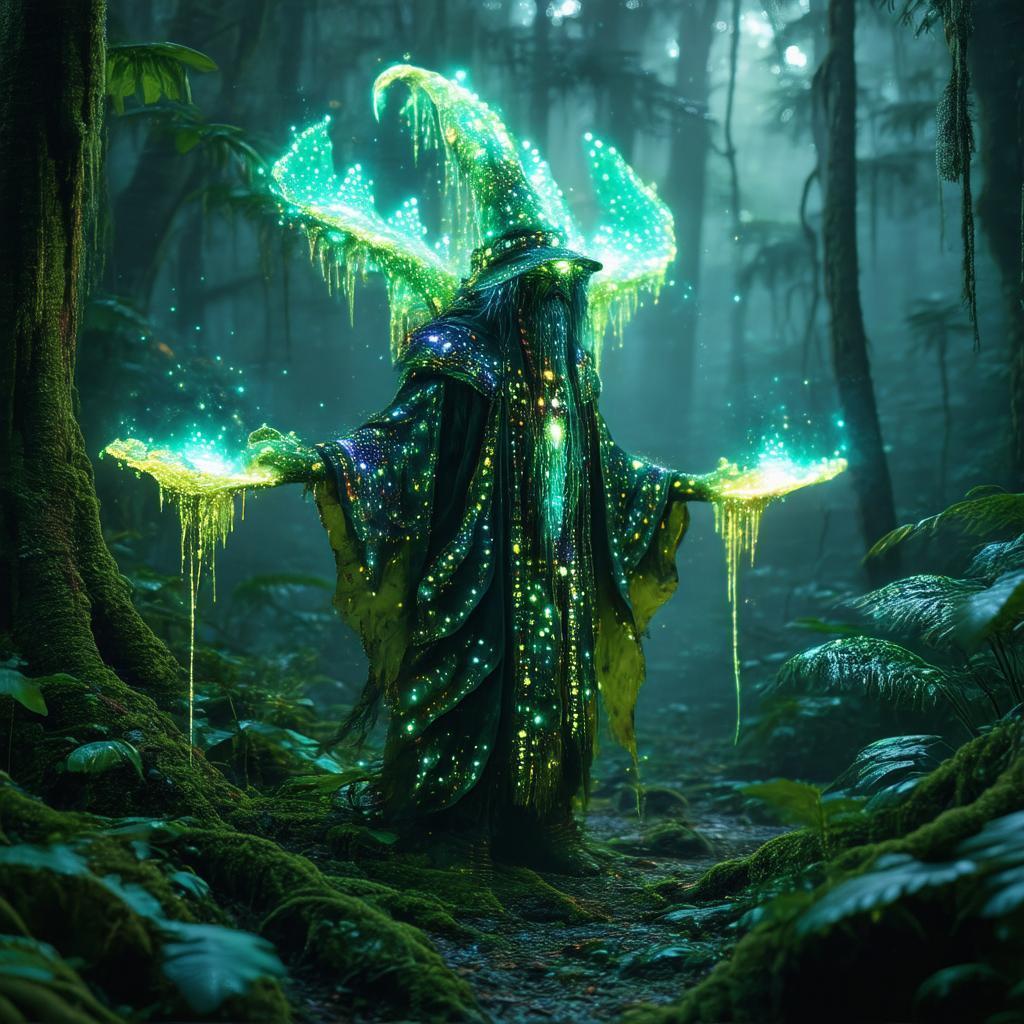 Psychedelic Bioluminescent Shaman Creature at Rainforest Dawn