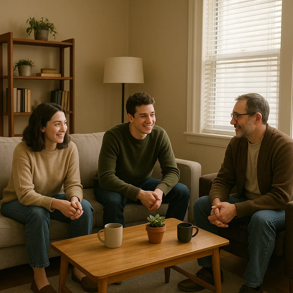 Living Room with Three People Sitting on Chairs and Sofas