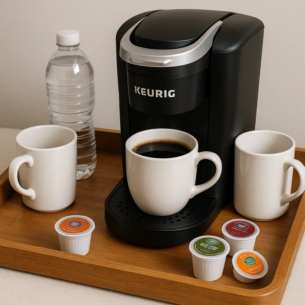 Keurig Coffee Machine on a Tray Surrounded by Cups