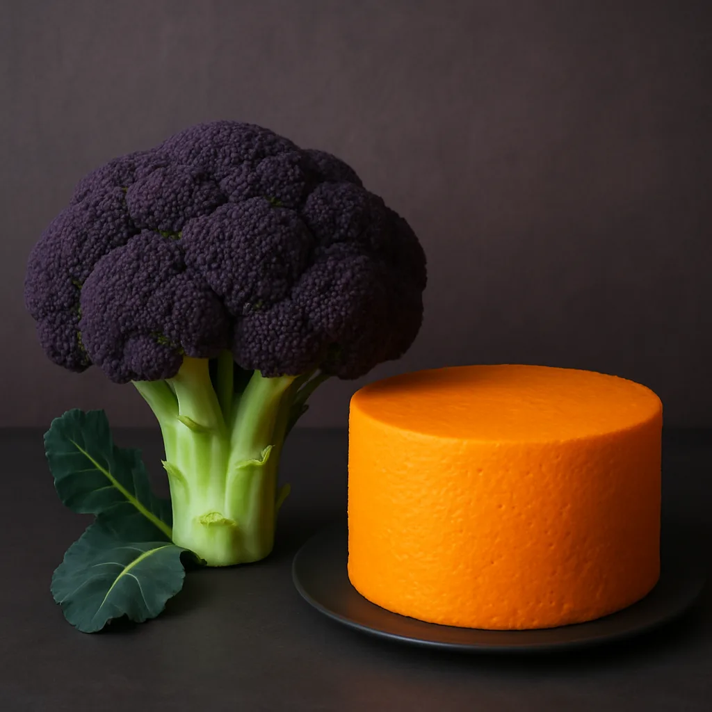 Broccoli in a Deep Purple Shade Next to a Cake